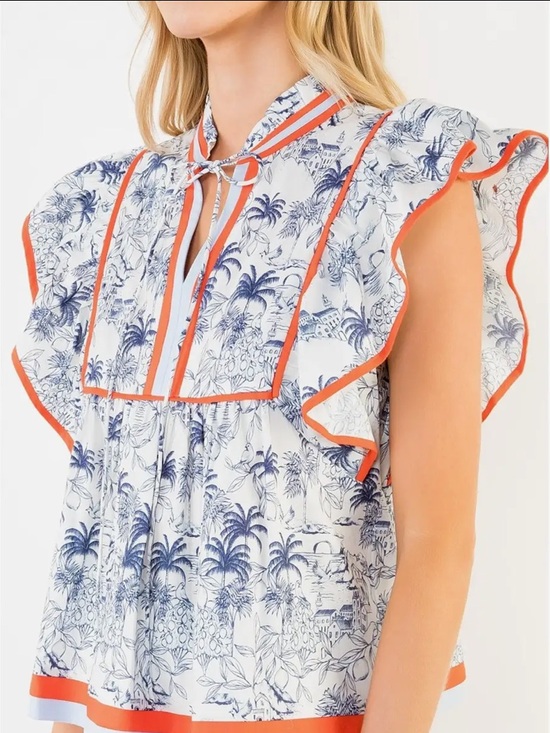 THML Tops - THML White & Blue Printed Flutter Sleeve Top with Orange Trim. SALE !!!